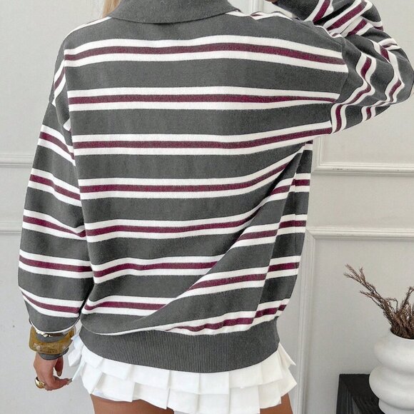 Dark Grey Women's Striped collar knit Sweater top - Picture 2 of 6